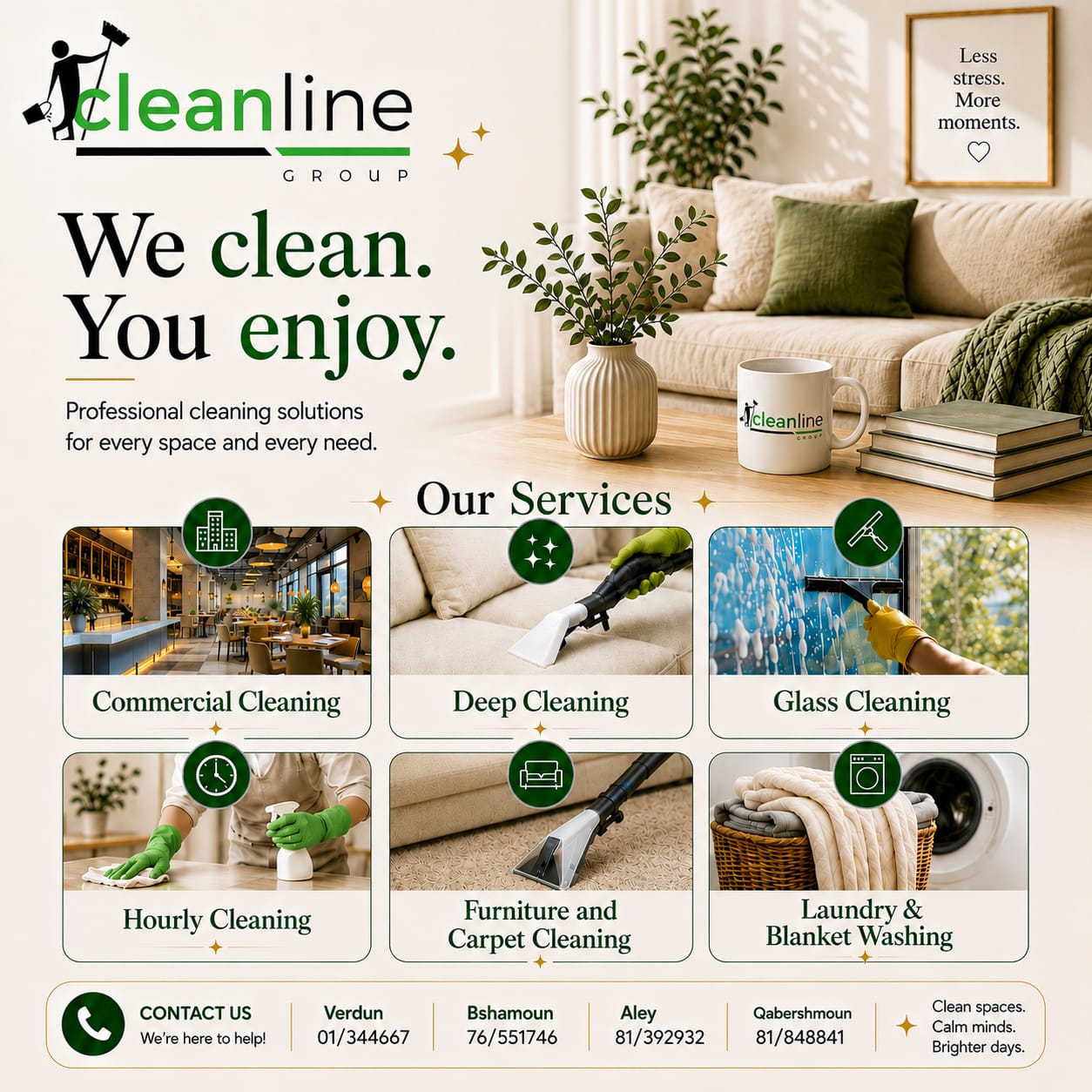 Cleanline Group services: deep cleaning, hourly cleaning, furniture cleaning and sanitizing, window polishing, laundry, office cleaning, carpet cleaning, floor polishing, commercial cleaning, monthly and yearly contracts